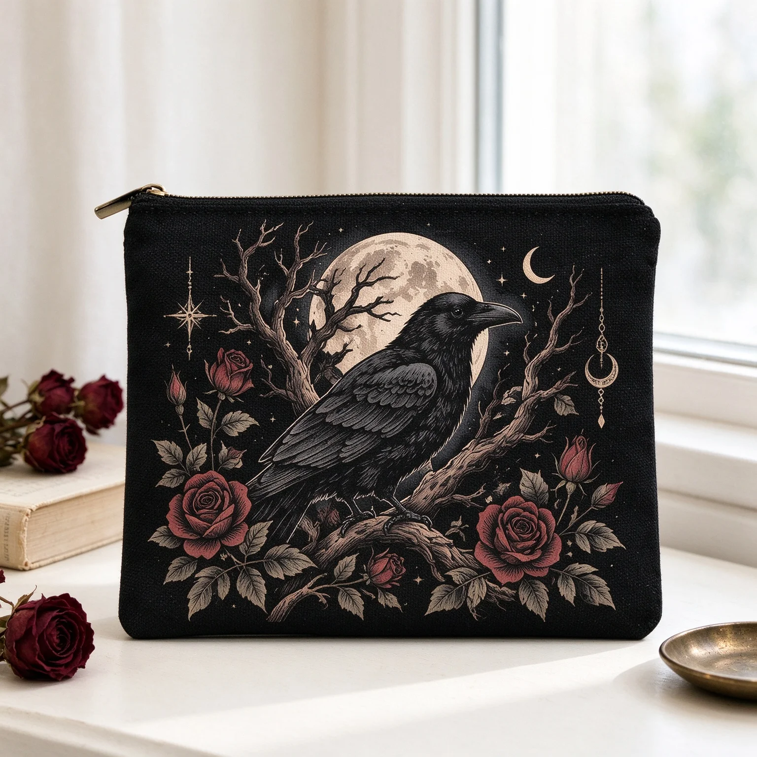 Gothic Raven Full Moon Rose Canvas Makeup Bag, Witchy Botanical Cosmetic Pouch, Travel Zipper Storage Bag