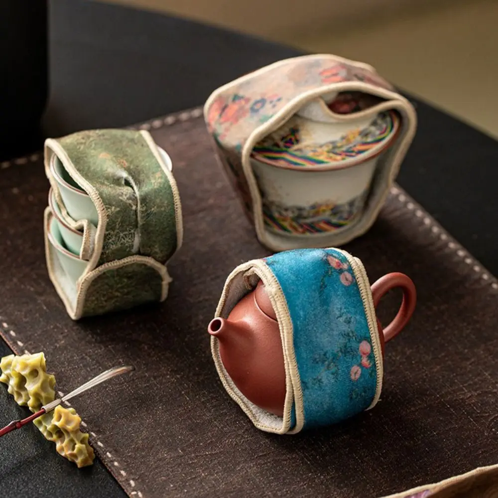 Retro Bump-proof Tea Set Protective Cover Anti-Drop Chinese Style Teapot Carrying Cover Tea Accessories Outdoor Use