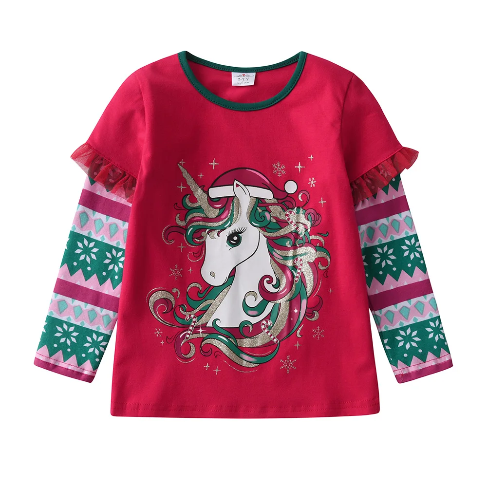 VIKITA Girls Christmas Red Unicorn Flare Sleeve Tops Kids Festival Xmas New Year Holiday Cotton Casual T Shirt Gift Kids Clothes