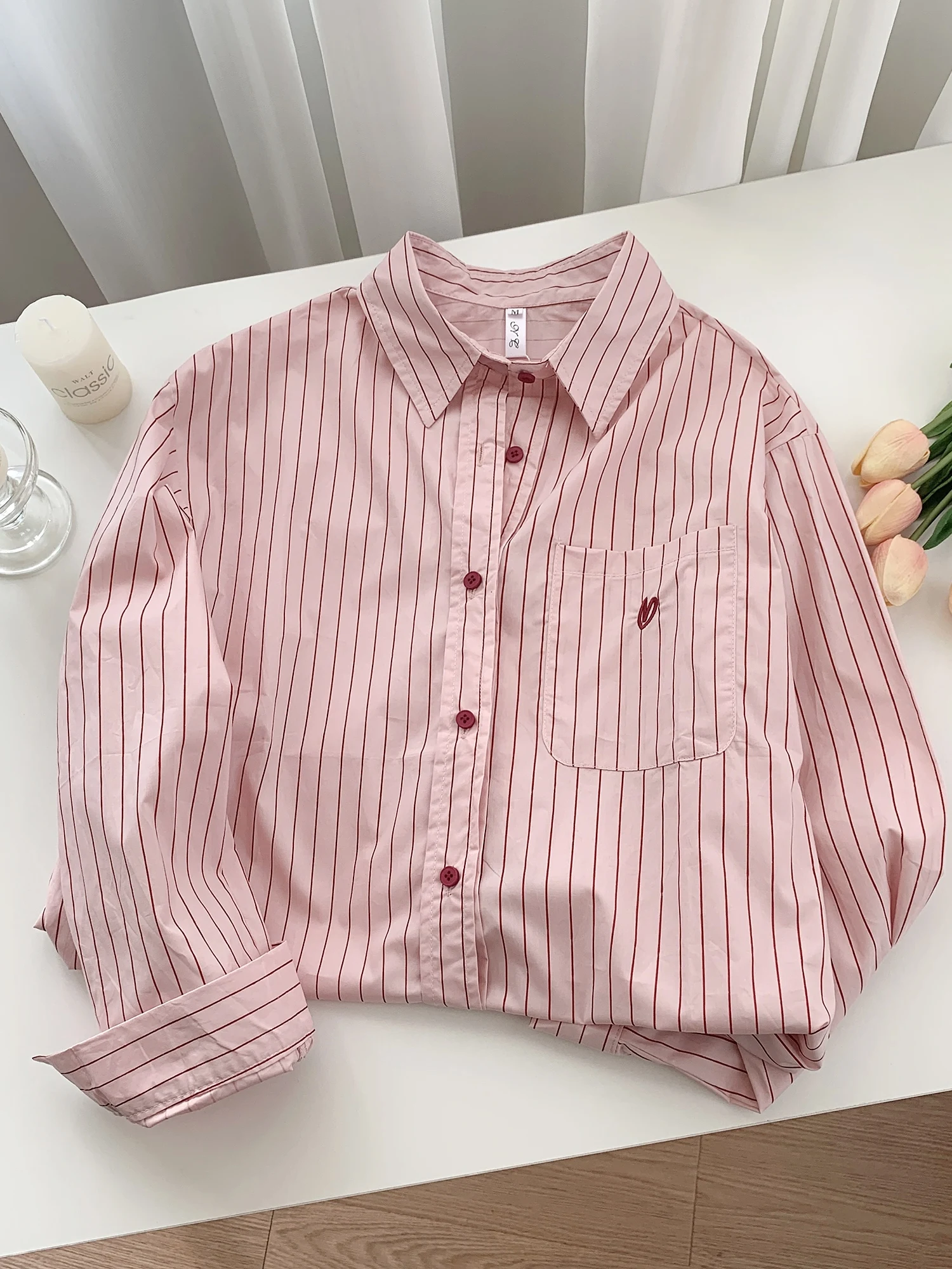 

Korean Sle Long Sve irt Women's Pink Striped Button down Cotton irt with ket Spring Autumn New Arrival