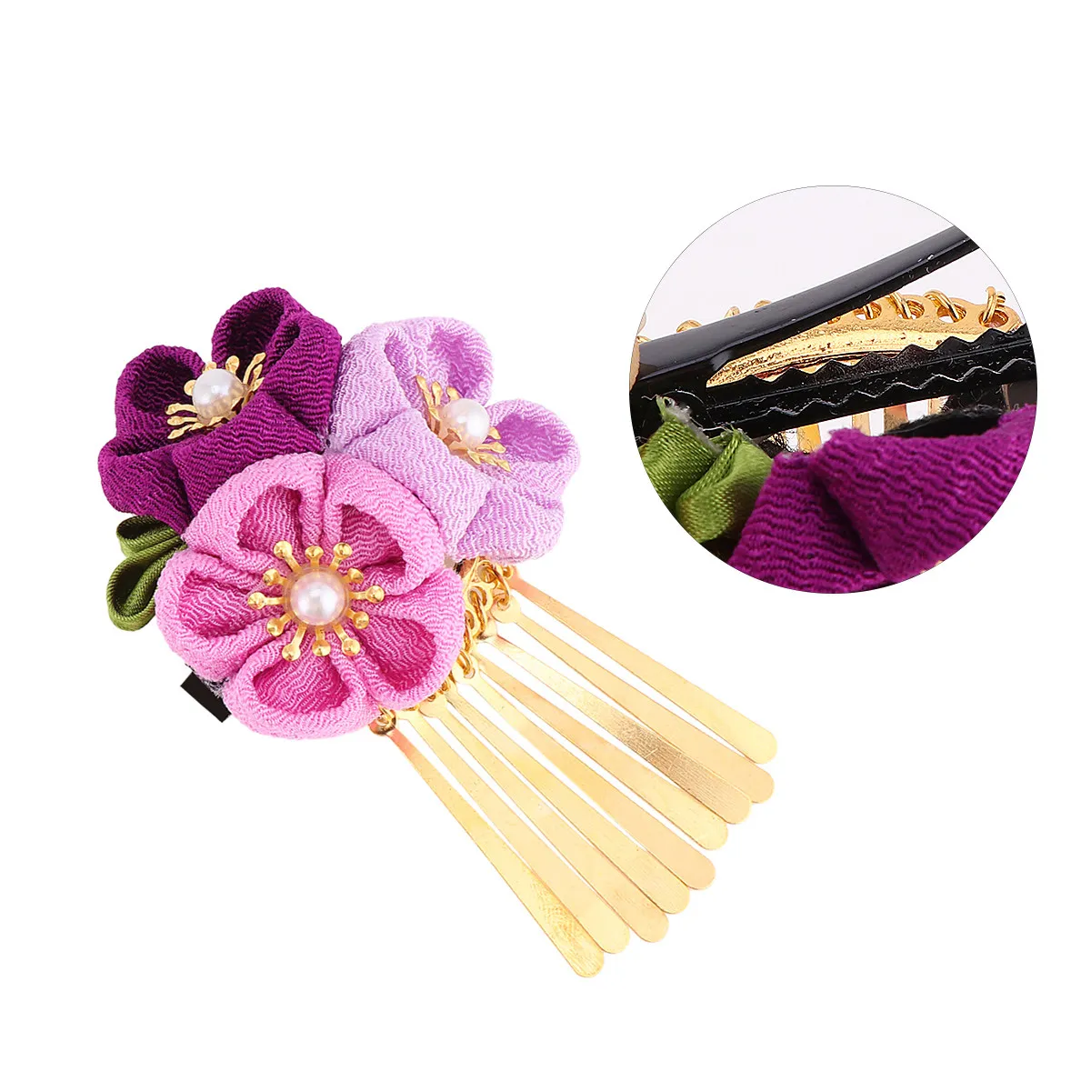 

Japanese Style Flower Hair Clip Cherry Blossom Pink Purple Soft Cloth Tassel Hairpin for Kimono Hanfu Wedding Festival