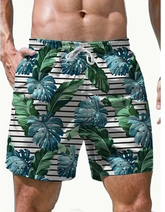 Shorts com estampa de folhas masculinas com bolsos, shorts casual com cordão para praia, verão, natação, surf, nova moda