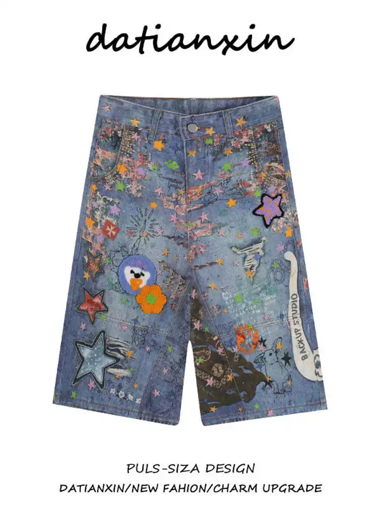 

Women Baggy Y2k Knee Length Star Jeans Vintage Shorts Jean Pants Japanese 2000s Style Wide Leg Denim Trousers Oversizes Clothes