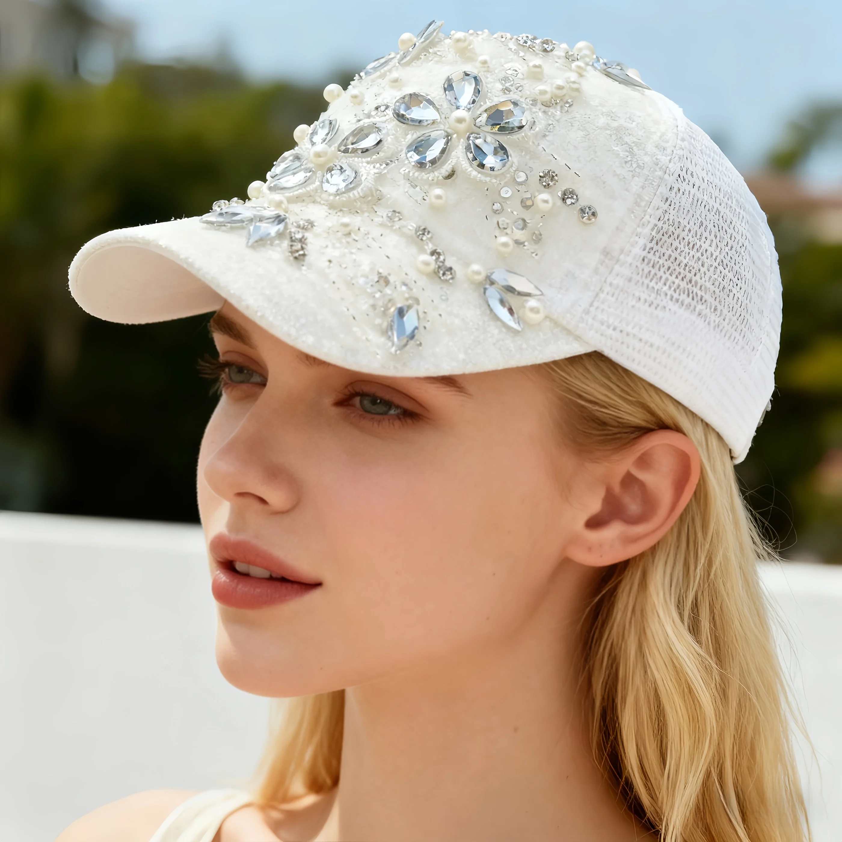 

HongLuan Белая роскошная бейсболка в стиле диско и шляпа капитана со стразами для женщин, аксессуары для фестивалей Rave и кепка для вечеринок для мужчин