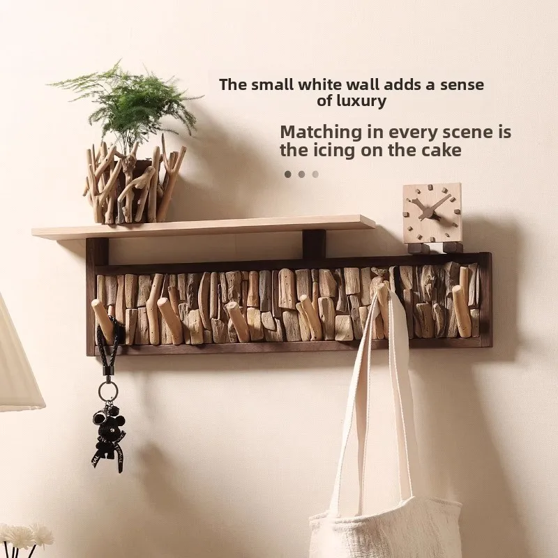 Solid Wood Entryway Wall Hooks Modern Key & Coat Hanger No Drill Mounted Shelf for Jackets Hats and Wooden Storage Organization