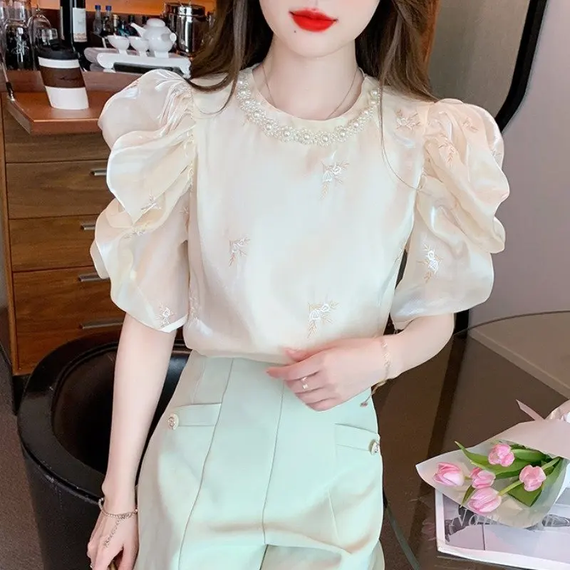 French Fashion Embroidery Short Sleeve Shirt Top Women\'s Summer Blouse 2023 New Design Sense Chic Pullover Shirts Blusas Mujer