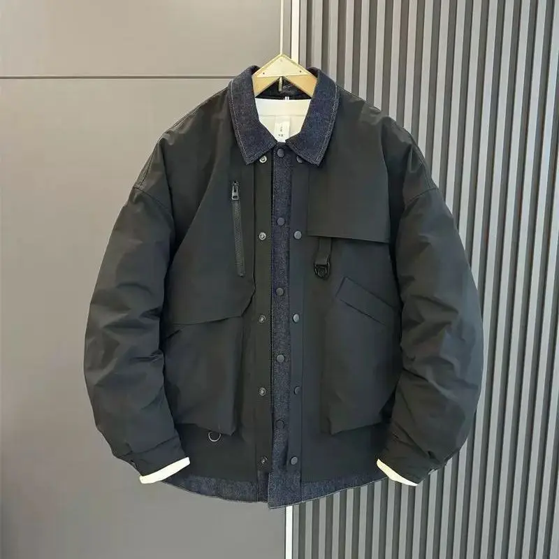 

Пуховик с двумя лацканами, мужская зимняя трендовая свободная джинсовая молодежная повседневная куртка для инструментов