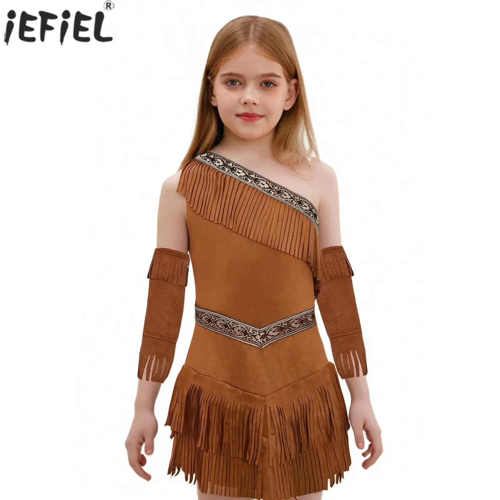 Kids Girls Native American Princess Cosplay Costume Halloween Fancy Party Dress Up One Shoulder Fringe Suede Dress with Sleeves