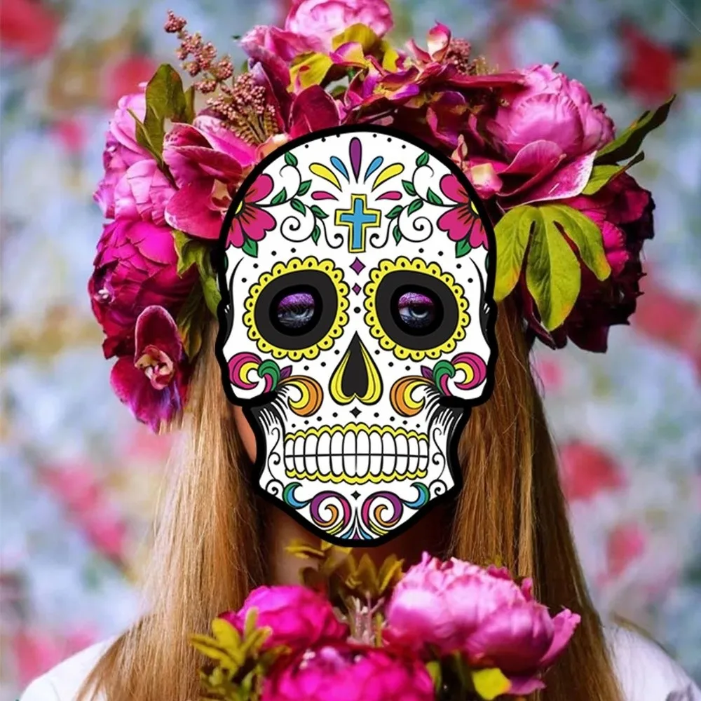 6Pcs New Full Face Halloween Skull Mask Lightweight Colorful Skull Face Mask Paper Mexican Skull Mask Masquerade Theme