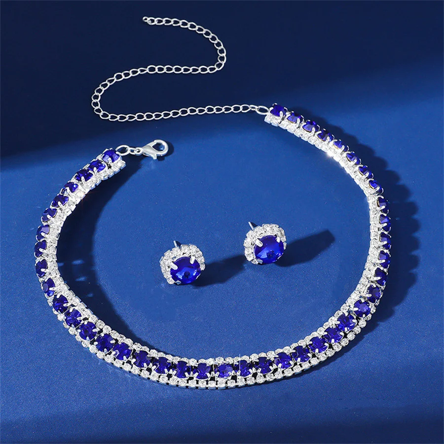 FYUAN Luxury Necklace Earrings Sets Green Blue Silver Color Crystal Necklace Women Weddings Bride Jewelry Accessories