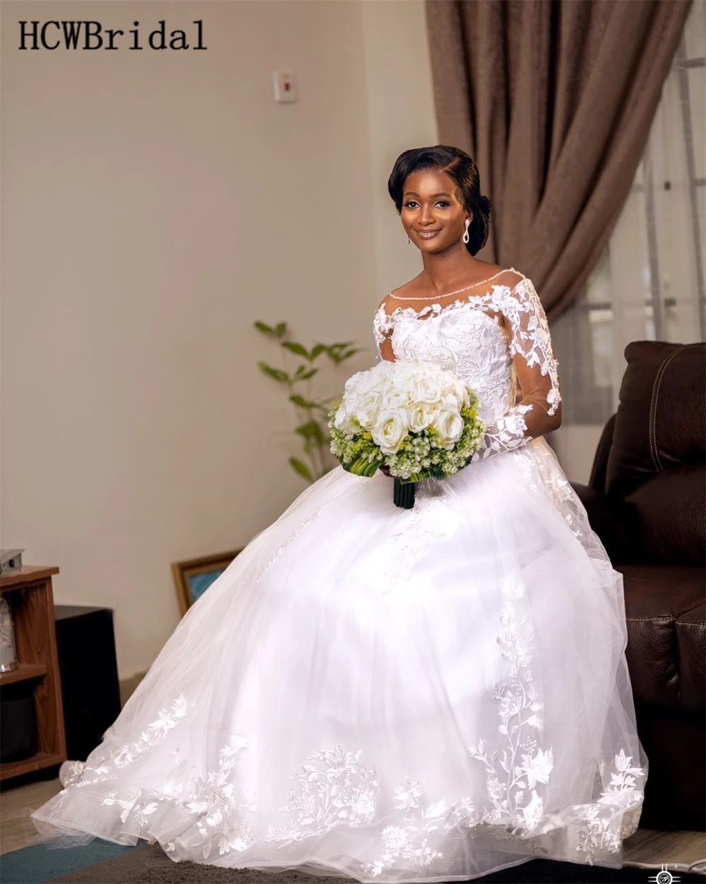 Customized 2024 Long Sleeves African Wedding Dresses Floor Length Graceful Lace Tulle Princess Bridal Gowns Dorpshipping