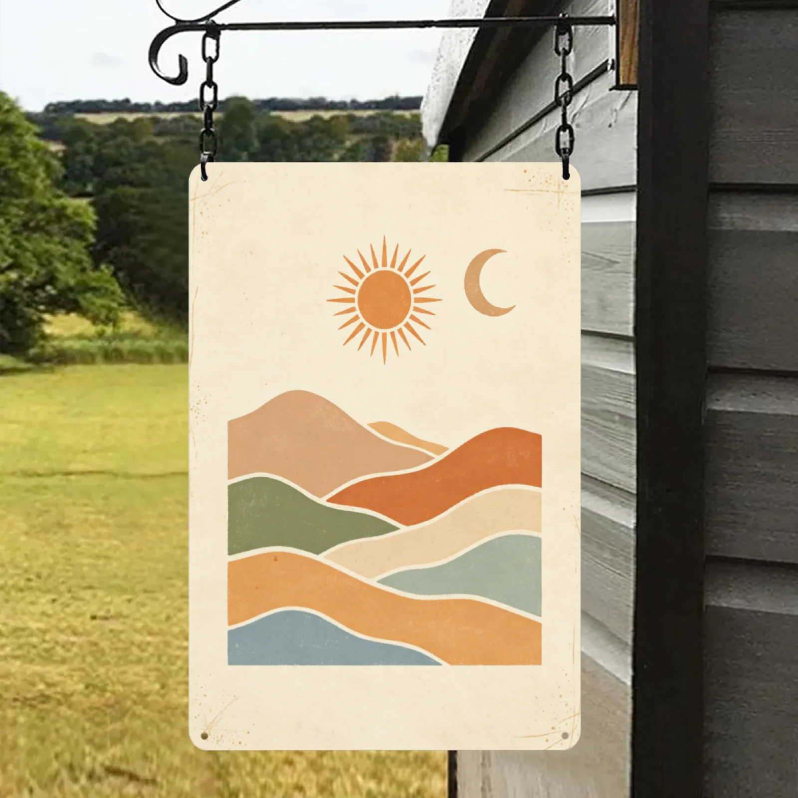 Boho Sun Moon Mountain Metal Tin Sign Abstract Retro Color Block Landscape Wall Art Vintage Neutral Bedroom Home Decor Plaque
