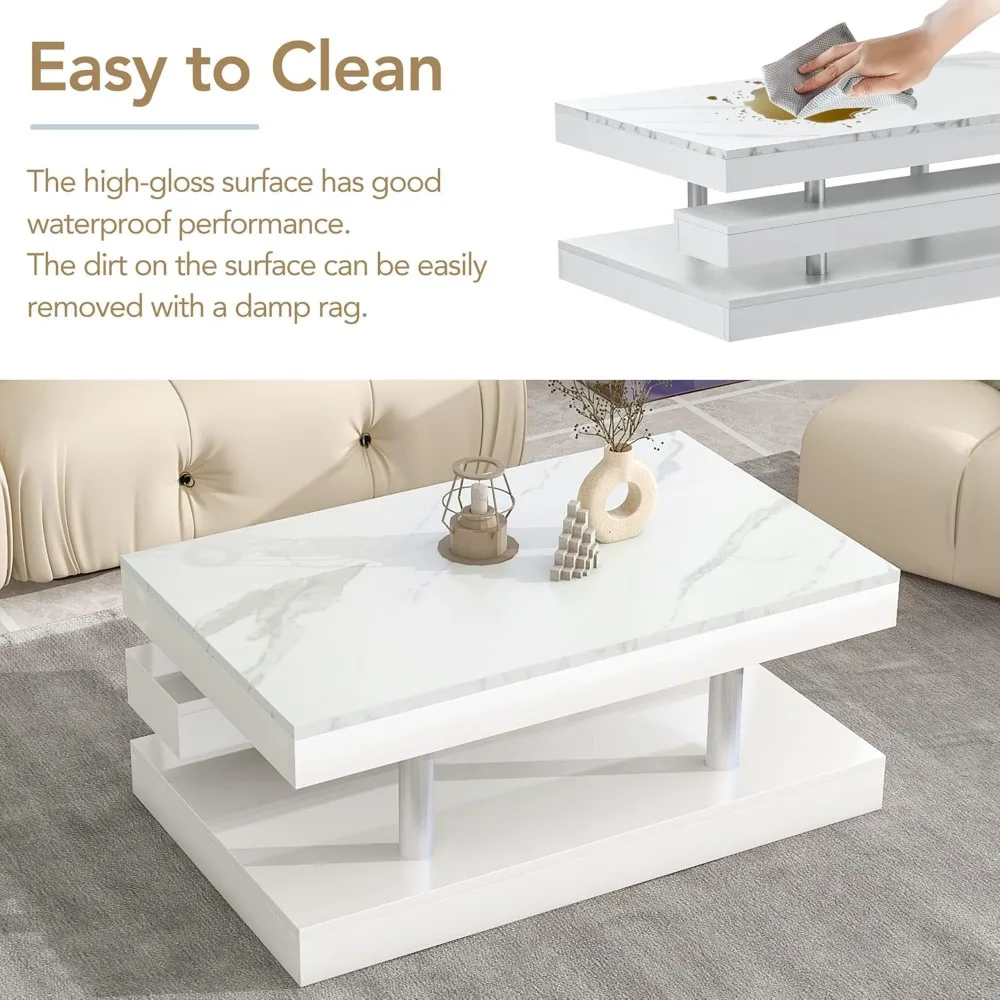 Modern Minimalist Rectangle 2-Tier Coffee Table with High-Gloss UV Surface for Living Room