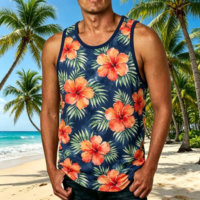 Men's Tropical Hibiscus & Floral Printed Sleeveless Tank Tops,for Casual Weekends, Seaside Tours & Daily Streetwear