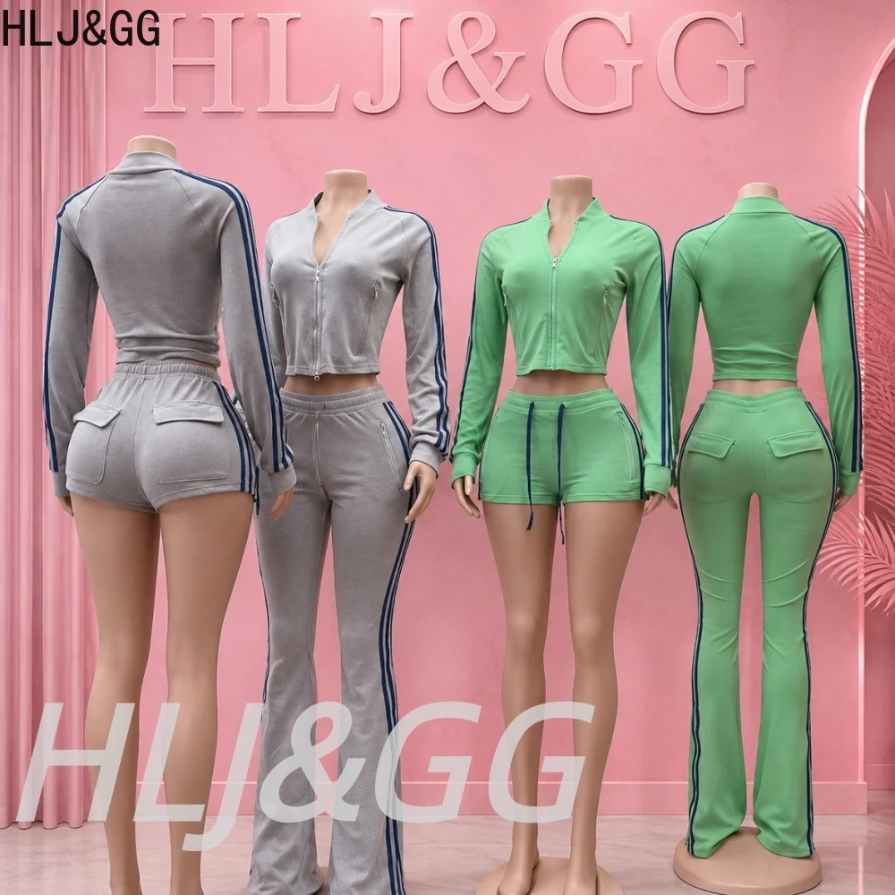 HLJ&GG Conjuntos deportivos de dos piezas con estampado de rayas de otoño para mujer, Top corto de manga larga con cremallera + pantalones con cordón, trajes informales