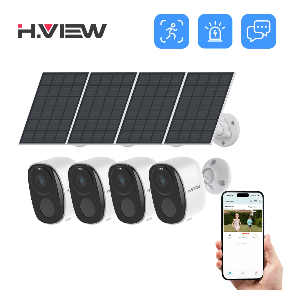 كاميرا H.VIEW 4 قطع تعمل ببطارية PIR لاسلكية خارجية، كاميرا أمان WiFi 2K 3MP مع صفارة إنذار كاشفة، صوت ثنائي الاتجاه،