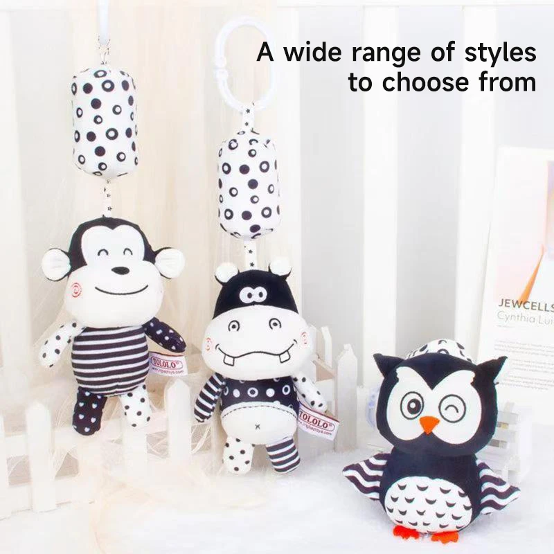 Newborn Stroller Ring The Bell Toys New Black And White High Contrast Cartoon Animal Toys Visual Training Plush Rattle Toys Gift