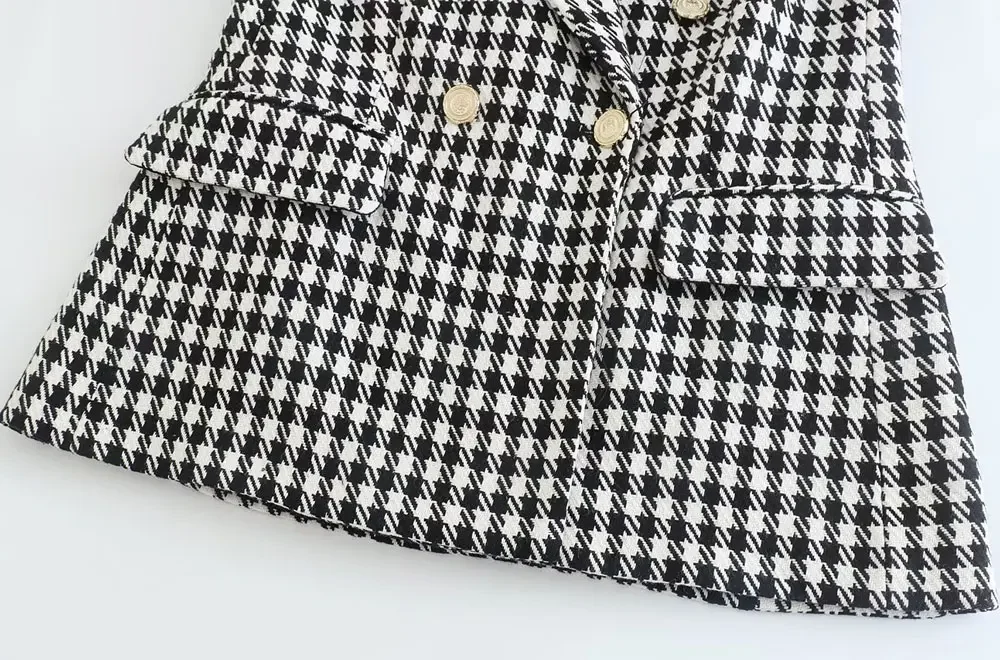 TRAF Women Fashion Double Breasted Houndstooth Blazer Coat Vintage Long Sleeve Flap Pockets Female Outerwear Chic Vestes Suit