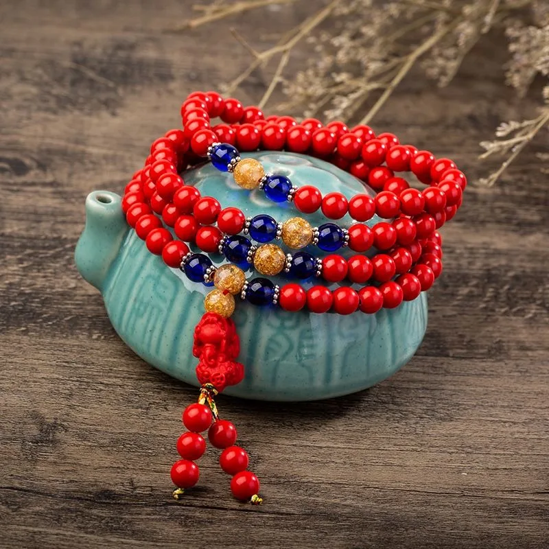 Cinnabar Buddha Beads Bracelet 108 Six-character Mantra Prayer Beads for Men and Women, Holding Multiple Hoop Bracelets