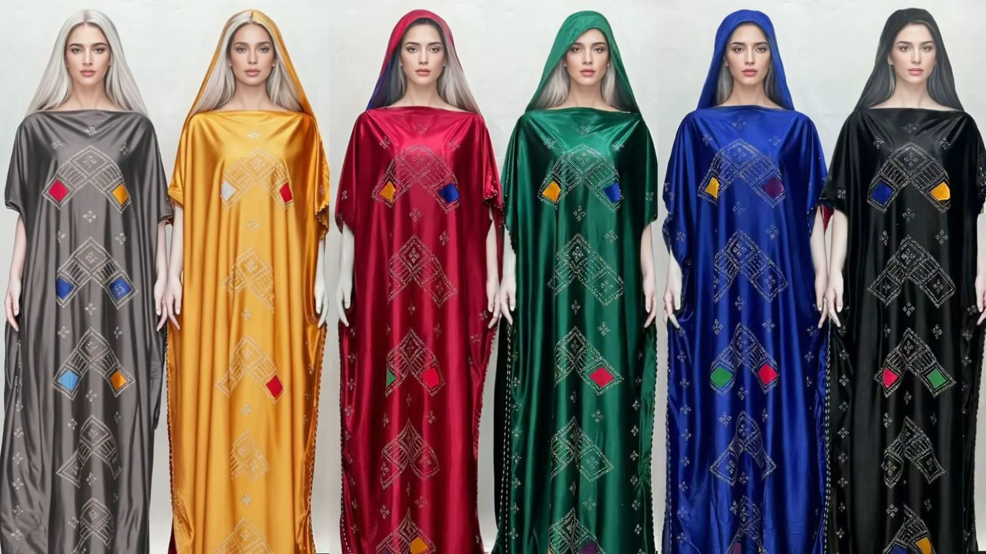Women’s Modest Casual Long Robe with Hijab, Double-Sided Rhinestone Color Block Patchwork Plus Size Loose Fit Muslim Dress