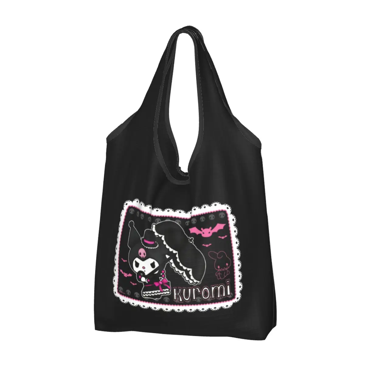 Custom Kawaii Kuromi Sanrio Anime Shopping Tote Bag Portable Groceries Shoulder Shopper Bag