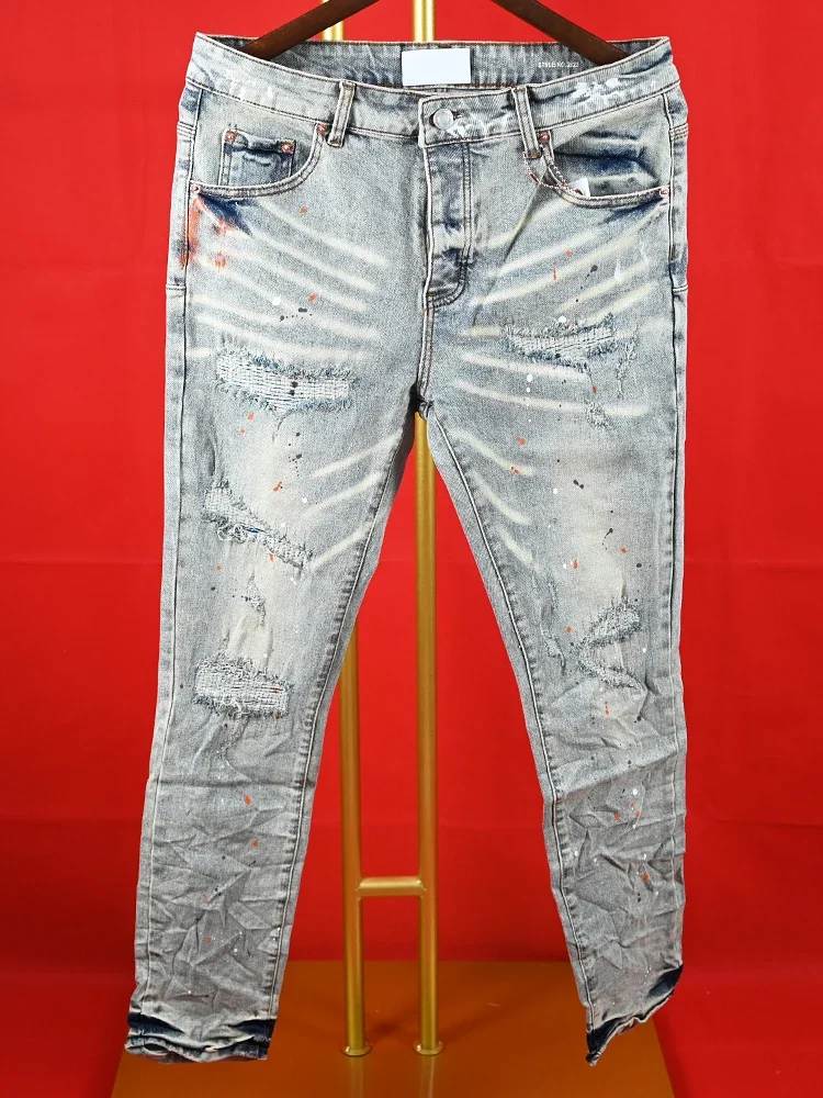 

2024 Purple Roca brand Jeans High Street Vintage Spotted Indigo Coated Mid Rise Slim Jeans Snow Wash High Quality Pants