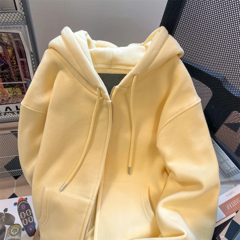 Spring Autumn Thin Solid Color Outerwear Korean Style Oversized Hooded Cardigans Female Casual All-Matched Sweatshirts