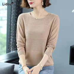 Office Lady O-Neck Bright Colors Pullovers Loose-fitting Solid Slight Strech Hollow Out Spring Summer Women's Clothing Capable