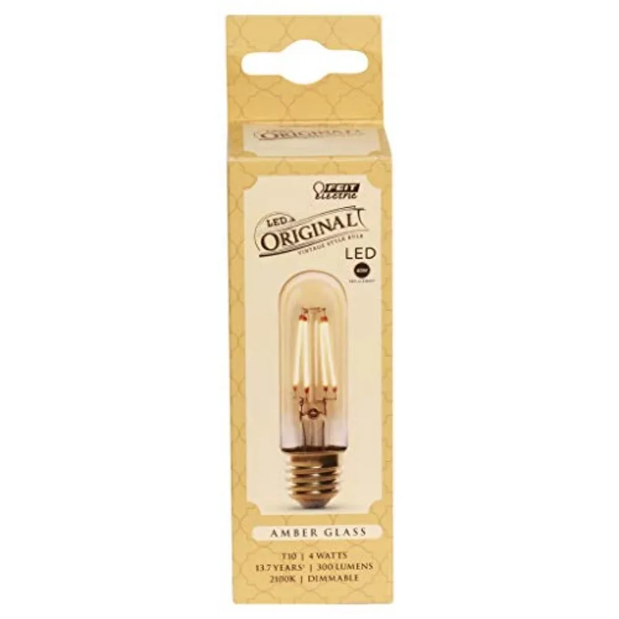 Vintage Exposed Filament Amber Glass LED T10 with E26 Base Light Bulb, 40W Equiv, 300 Lumen, 2100K Soft White, Dimmable, 15, 00