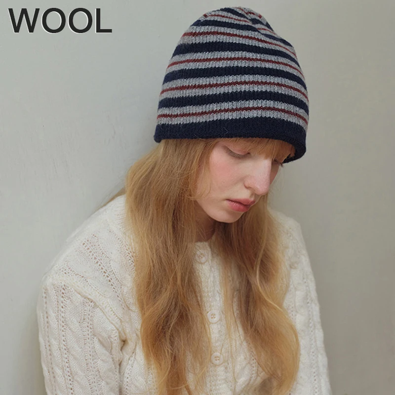 Fashion Unisex Stripe Beanie Caps Autumn Winter Wool Blends Soft Warm Knitted Cap Women Skullcap Hats Ski Cap Cold Proof Beanies