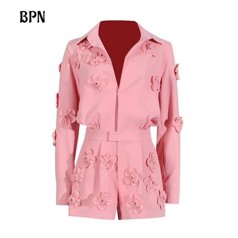 

BPN Solid Patchwork Appliques Minimalist Jumpsuit For Women Lapel Long Sleeve High Waist Loose Casual Jumpsuits Female Fashion