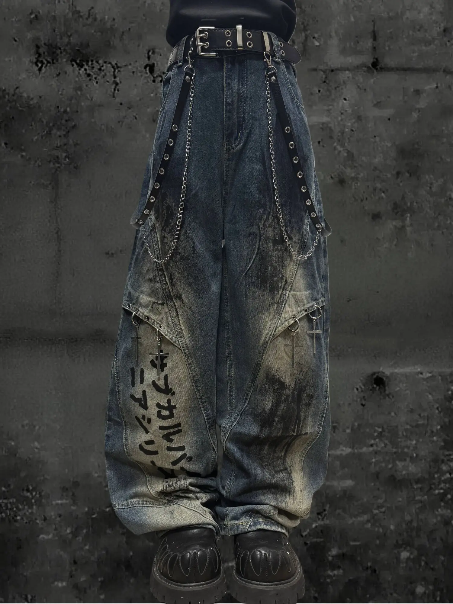 Unisex Jeans 2026 Spring Retro Cargo Jeans Unisex Rock Splatter Hand Painted Y2K Unique Washed Distressed Wide Leg Denim Pants
