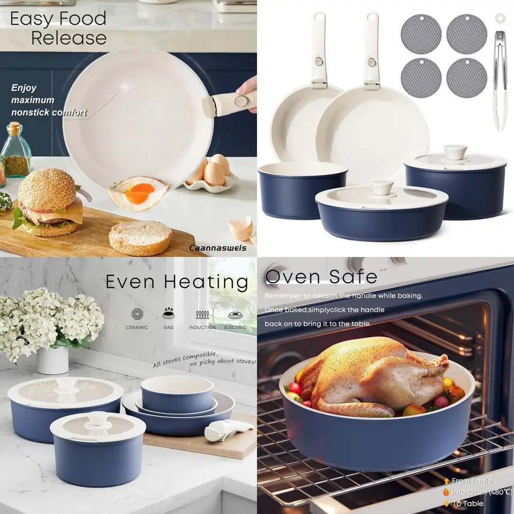 

Stackable Nonstick Induction Cookware Set, 5-Piece, Removable Handles, Dishwasher Safe, Blue