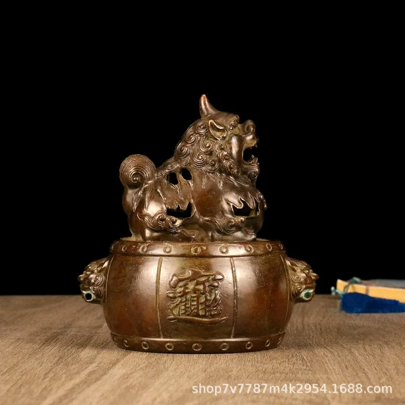 Brass alloy craft item: Lion drum incense burner, a decorative ornament that symbolizes prosperity and wealth