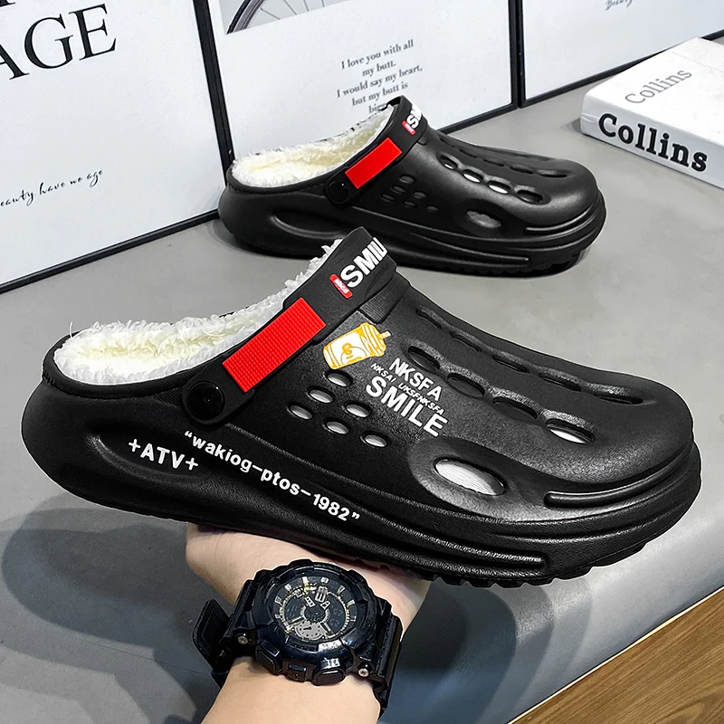 الشتاء شبشب رجالي أحذية دافئة فروي حذاء للحديقة داخلي المنزل منزل نعال من القطن أفخم أحذية الرجال في الهواء الطلق قباقيب الشتاء