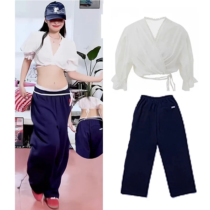 New Korean Aido Same style Bubble Sleeve Short Tops Tie up Shirt Guard Pants Set K-Pop Stage Outfits Jazz Dance Costumes VBH139