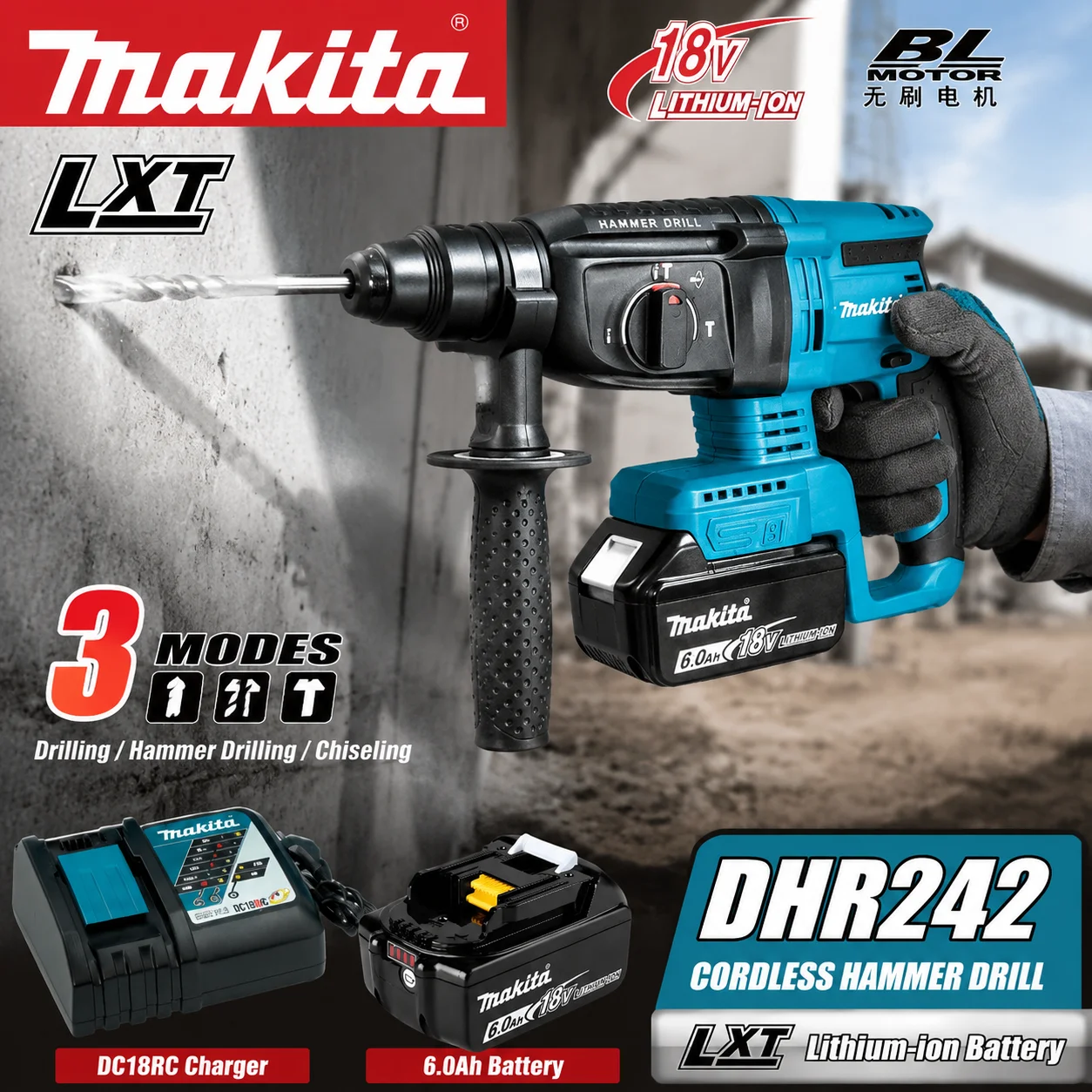 

Makita Battery 18V LXT Lithium Battery For DHR242 Cordless SDS Plus 24mm 3-Mode Rotary Hammer Concrete Impact Drill