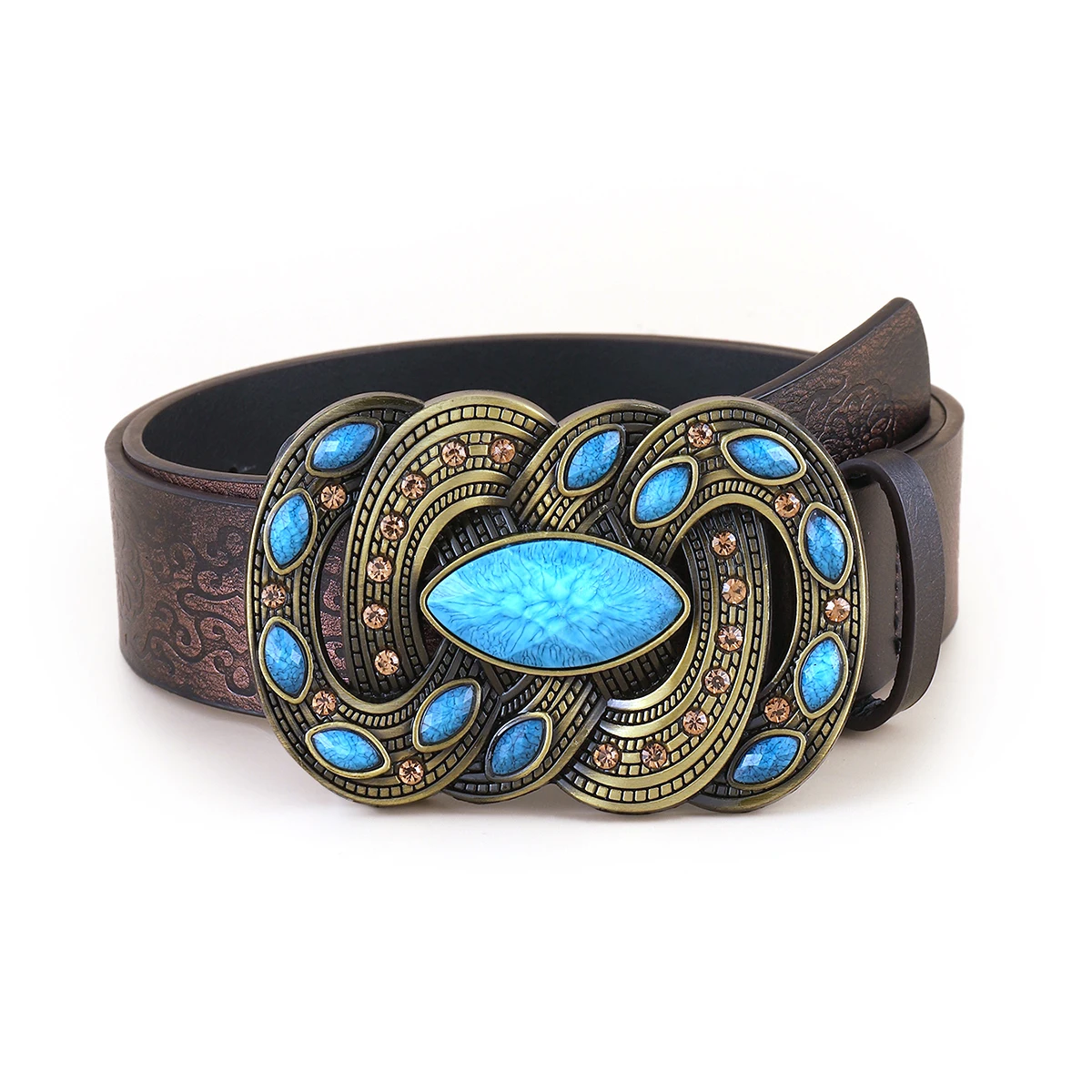 

Fashion Rhinestones Decor Textured Buckle with Turquoise Belt for Women