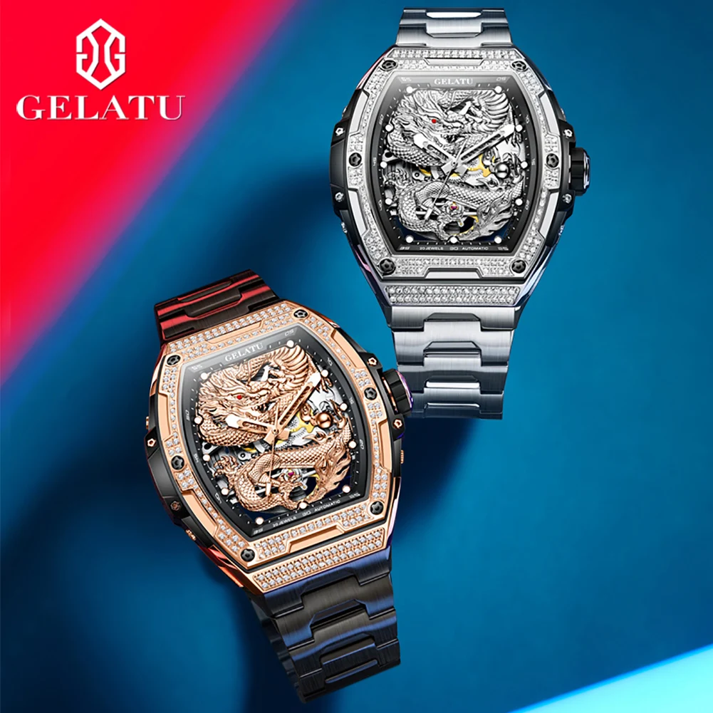 

GELATU 6021 New Automatic Mechanical Men's Watch Skeleton Dragon Diamond Wristwatch 51mm Large Dial Men Watch Luxury Brand