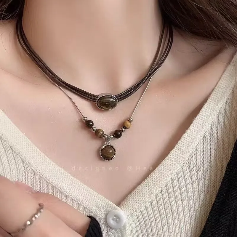 

Leather Brown Tiger Eye Beads Stone Pendant Necklace Women's Retro Stacking Choker Temperament Clavicle Chain Hip Hop Jewelry