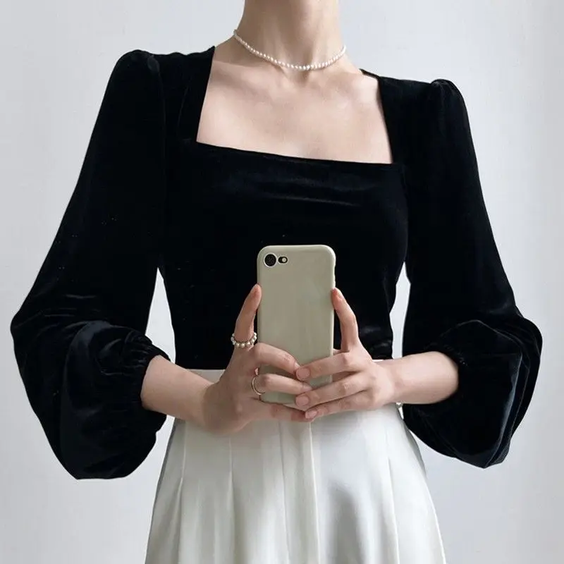 

Spring Autumn Women's Velvet Shirt Square Collar Bubble Sleeve Clavicle Elegant Small Top Vintage Design Good Wear