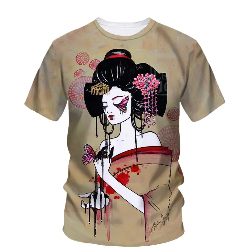 Fashion Trend Japanese Tattoo Geisha Print Men's Short Sleeve T-Shirt Creative Harajuku Trend Street Casual O Collar Loose Top