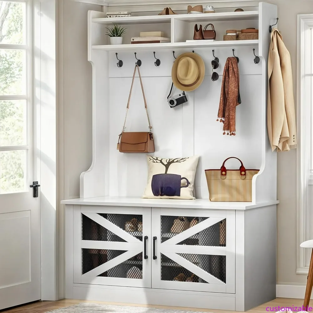 

Широкое дерево для прихожей в стиле фермерского дома с местом для хранения обуви и вешалкой для одежды, с 10 кубиками для обуви и регулируемыми полками