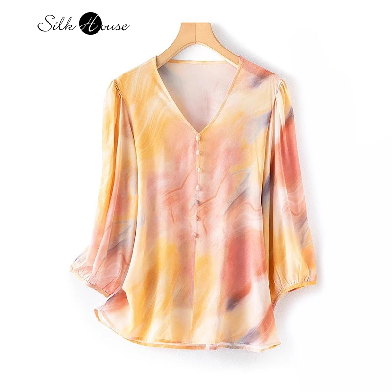 2024 Women\'s Fashion New Rainbow Color Print Dyeing Gradient 100% Natural Mulberry Silk Crepe De Chine Lantern Sleeve T-shirt