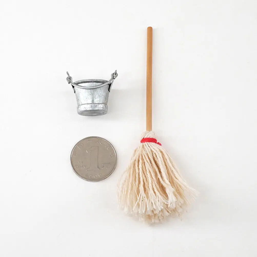 

2Pcs Miniature Mops Realistic Cleaning Tools for 1 12 Scale Dollhouse Micro Landscape Photo Props Kids Pretend Play Accessories