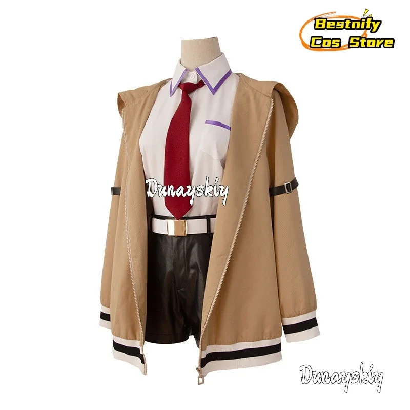 زي تنكري أنيمي ستينز بوابة Makise Kurisu زي تنكري كاكي سترة واقية سترة قميص شورت شعر مستعار امرأة لعب الأدوار