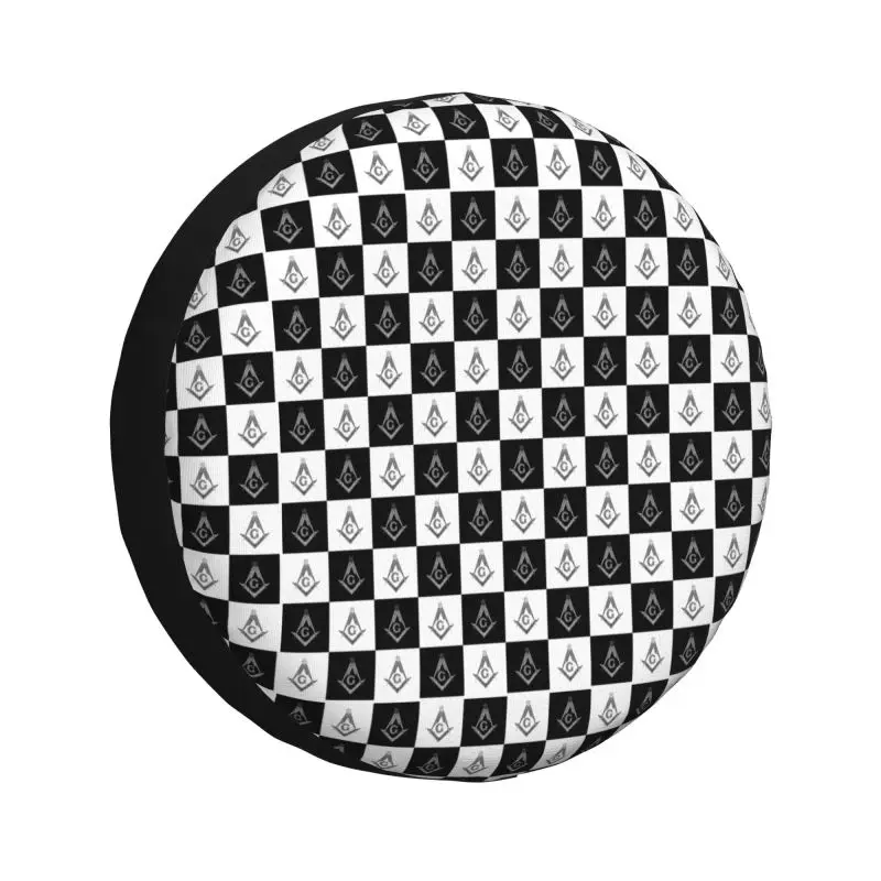 Custom Freemason Checkered Black And White Pattern Spare Tire Cover for Toyota Jeep Masonic Mason 4WD 4x4 RV Car Wheel Protector