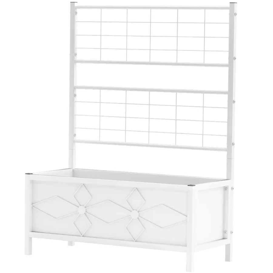 

Outdoor planter box for climbing vines, galvanized steel, white, with trellis and raised bed design, 35.4 x 15.7 x 47.2