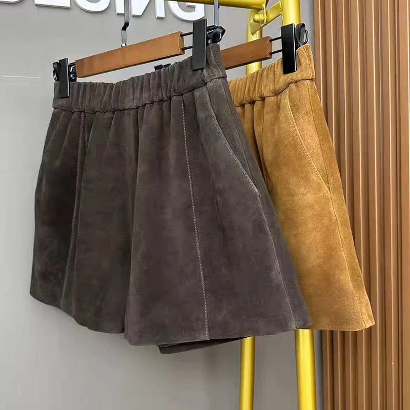 Women's Leather Shorts 2025 Harajuku Femme Real Suede Vertical bar High Elastic Waist Pants Mujer Camel Casual Pantalones Cortos