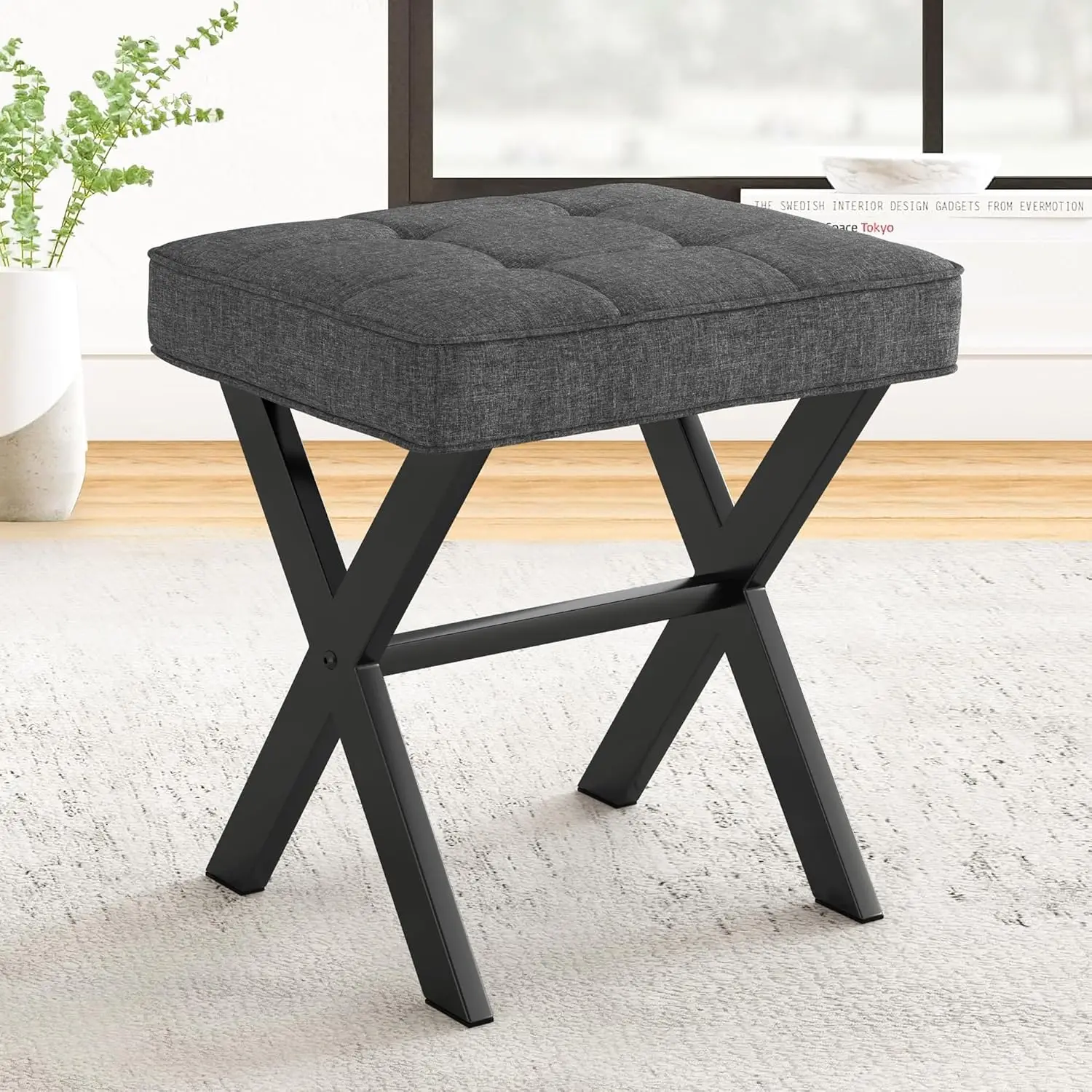 Vanity Stool, Square Linen Makeup Stool with Metal X Legs,Modern Padded Vanity Seat Foot Rest Stool for Makeup Room, Living Room